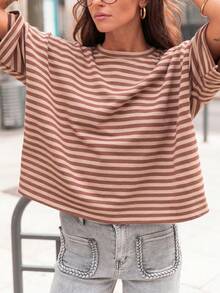 Plus Size Women's New Fashion Elegant Elegant Striped Round Neck Dropped Shoulder Short Sleeve T-Shirt Holiday College Vacation Daily Travel Summer - Apricot Color - View 4
