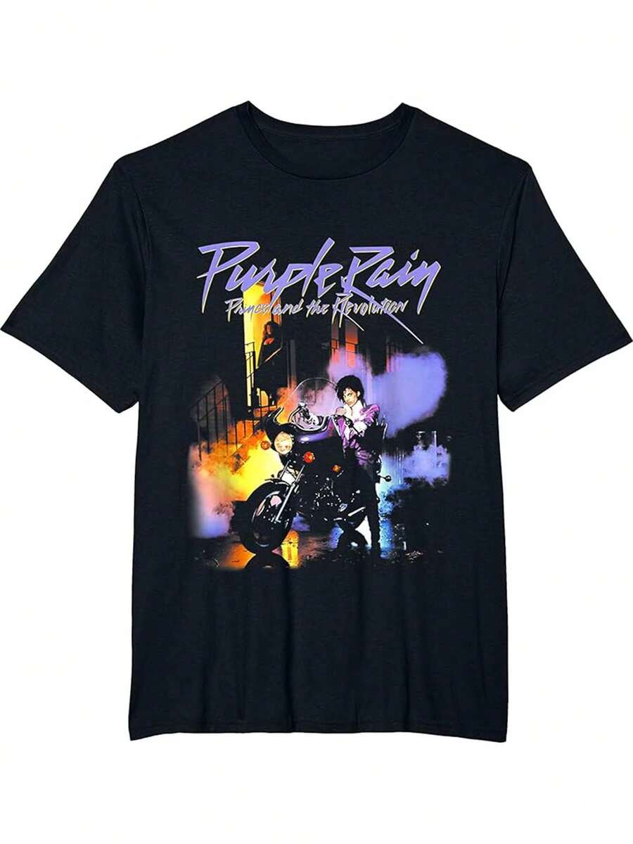 Camiseta Novedosa para Hombre, Temática de Cumpleaños "Purple Rain Prince and Revolution", con Estampado de Dibujos Animados a la Moda - Negro - Ver 1