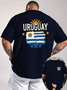 Camiseta de Hombre con Estampado de Doble Cara de la Bandera de Uruguay con Tres Estrellas, Elementos de Fútbol Sudamericano, Camiseta Holgada Personalizada para Aficionados Uruguaios - Negro - Ver 10