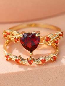 Women's Heart-Shaped 2 Pieces Ring Set, Thick Fashion Accessory - Red - View 6