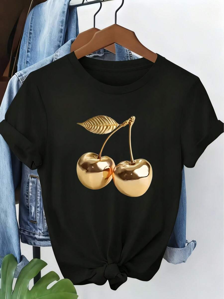 Quanquan Metallic Golden Cherry Print Short-Sleeve T-Shirt, Fashionable Niche Loose-Fit Crewneck Top, Sweet And Cool Versatile Casual Women's Style, Retro Loose-Fit T-Shirt - 後退 - 查看 1