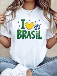 Women's Brazilian Football Jersey - Brazil Football Fan Clothing With Iconic Heart Print, Casual Short Sleeve Crew Neck T-Shirt, Regular Fit - 黑 - 查看 1
