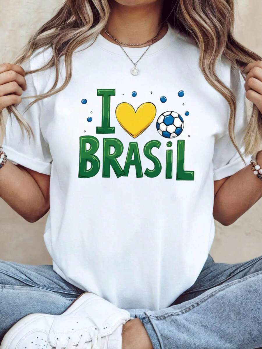 Women's Brazilian Football Jersey - Brazil Football Fan Clothing With Iconic Heart Print, Casual Short Sleeve Crew Neck T-Shirt, Regular Fit - 黑 - 查看 1