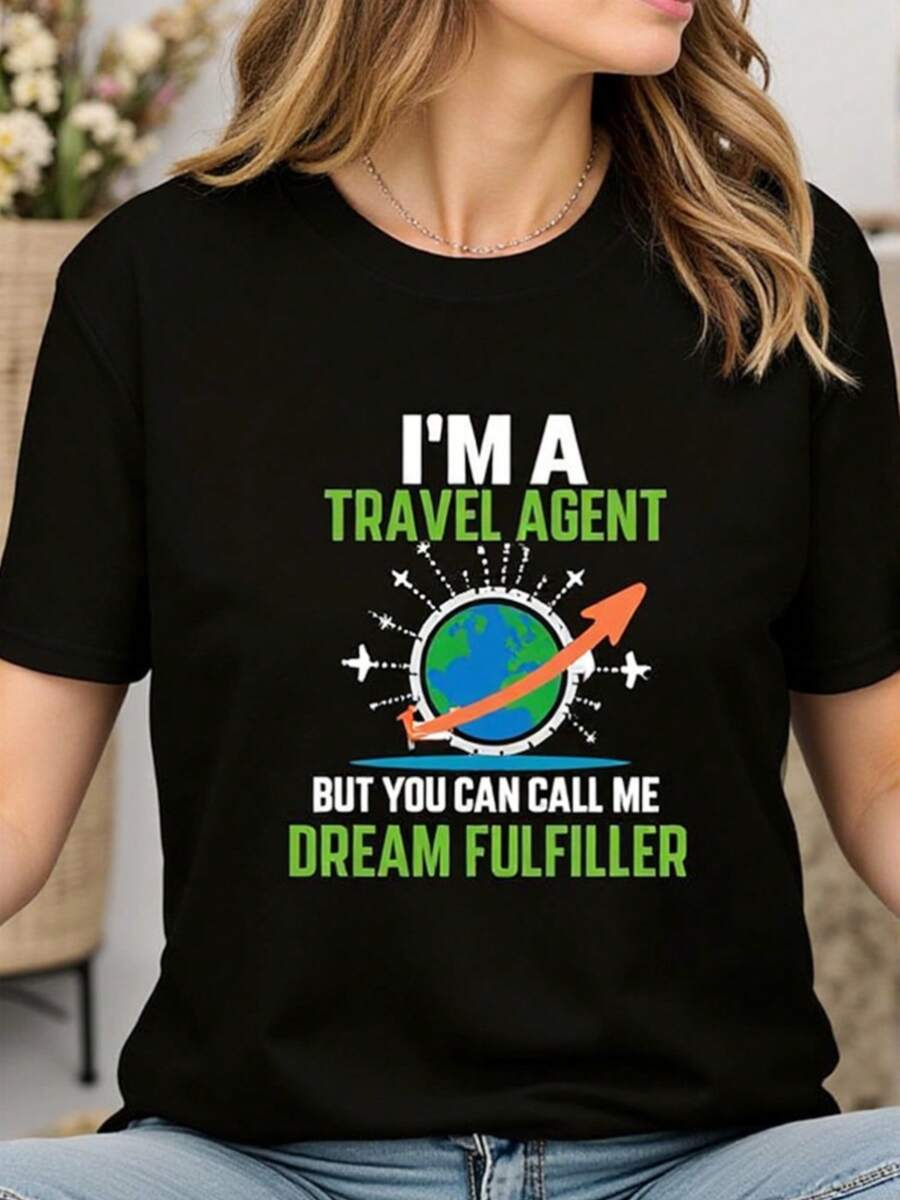 Camiseta Gráfica para Mujer "Soy Agente de Viajes" - Cuello Redondo Casual, Manga Corta, Tela de Alta Elasticidad con Diseño de Tierra y Avión, Camiseta con Estampado Divertido para Primaver - negro - Ver 1