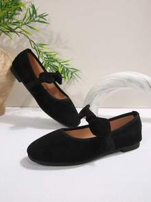 Women's Spring/Autumn Black Slip-On Flat Square Toe Ballet Shoes With Elastic Strap And Bow Decor, Solid Color Casual Shoes Suitable For Daily Wear, Parties And Office - Black - View 7