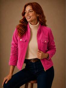 Women's Corduroy Jacket With Zipper, Casual Style, Elegant, Winter Fashion, Fluffy Velvet Zipper, Night, Vacation, School, Office, Daily. - 玫紅色 - 查看 5