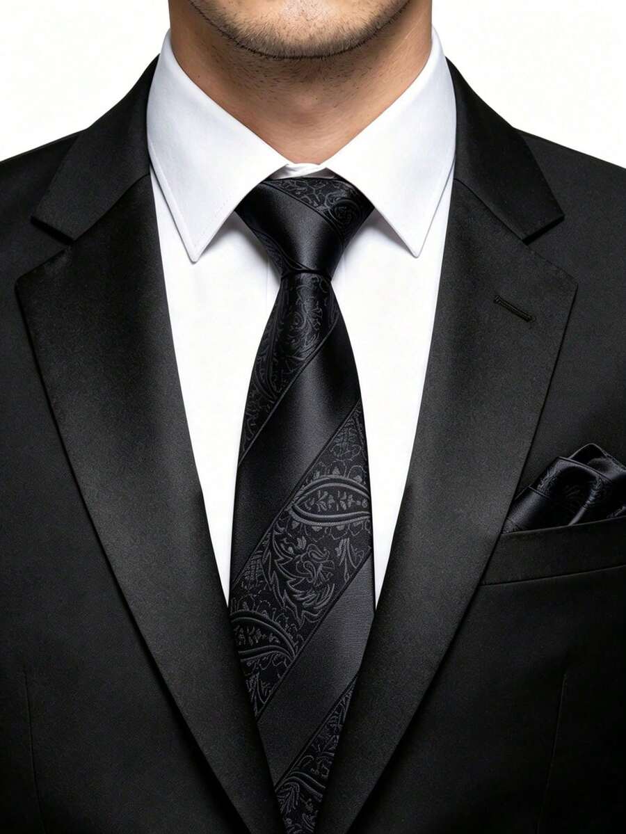男士領帶套裝,經典時尚領帶與口袋巾套裝,適合婚禮、商務與宴會 - 黑色 - 查看 1
