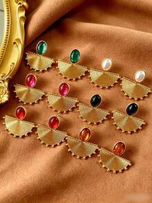 1 Pasang Anting-Anting Besar Bergaya Retro Mewah Elegan dengan Motif Geometris Berlebihan Berbentuk Kipas, Terbuat dari Resin Hijau dengan Hiasan Resin Hijau dan Pengerjaan Berat yang Dapat Dipersonalisasi - Coklat - View 2