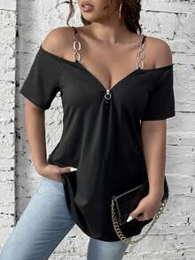 Women's Plus Size Plain Off-Shoulder Top - 橘色 - 查看 6