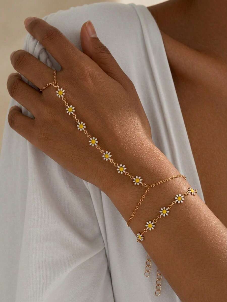 2件組時尚甜美雛菊花手工鍊條手指手鍊套組,適合女性,海邊度假、日常穿搭、約會、音樂節 - 彩色 - 查看 1