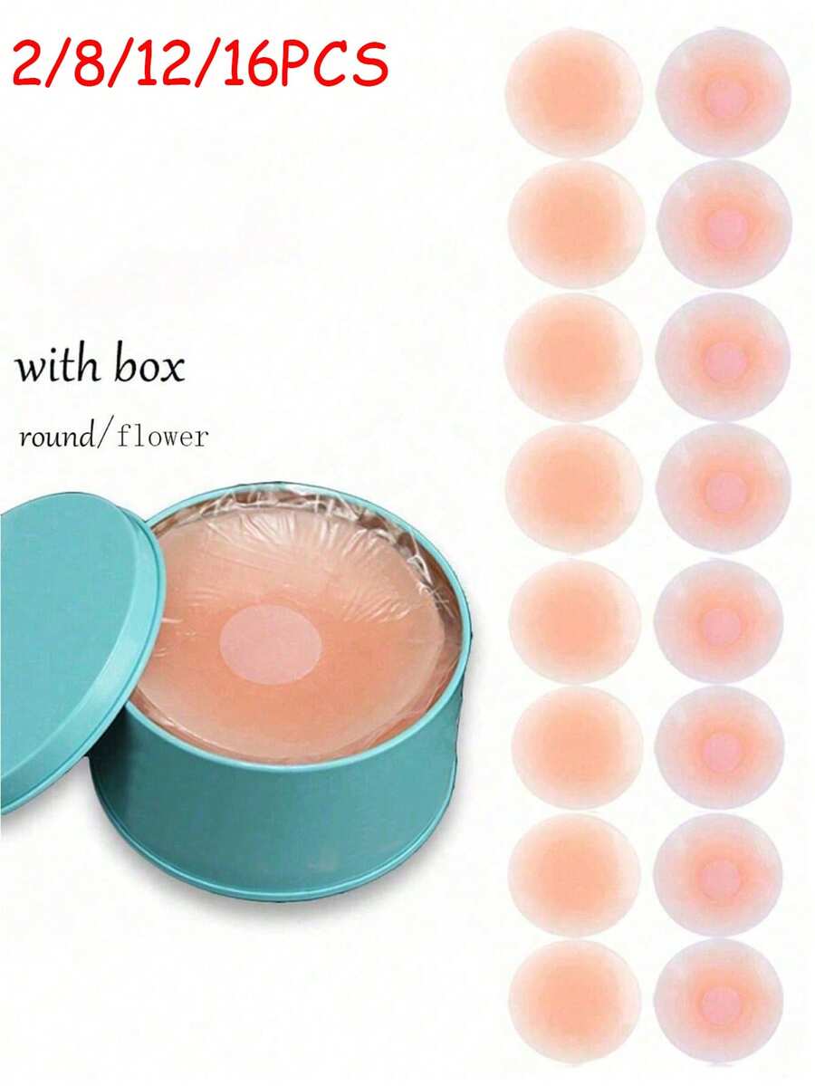 2/8/12/16pcs Women's Reusable Silicone Invisible Nipple Covers, Breast Stickers With Travel Box - Pink - View 1