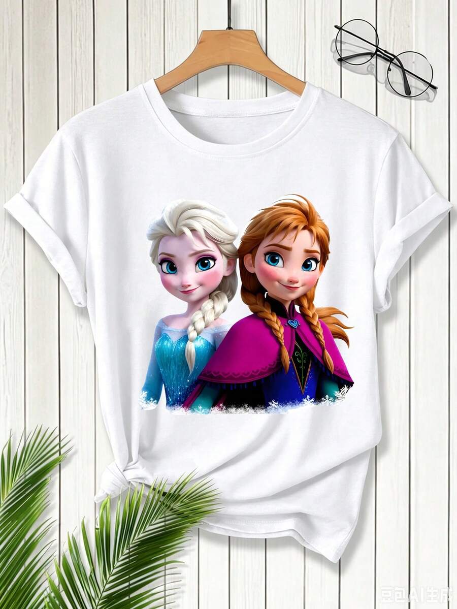 Women's Disney Casual Tee With Elsa And Anna Print, Dreamy Style, Warm With Sisterly Magic Vibes. - White - View 1