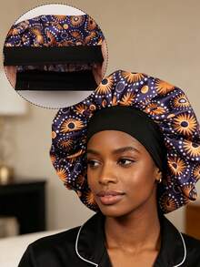 1pc Large Printed Satin Sleep Cap, Extra Large Satin Hair Bonnet, Wide Elastic Band, Hair Protection Night Cap - Single Layer Hat - View 15