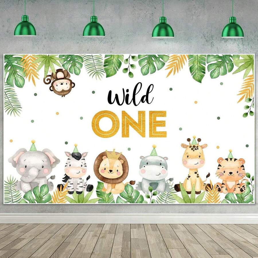 1pc Wild One Backdrop Banner Birthday Decorations For Jungle Safari Cute Animals 1st First Party Supplies Green - View 1