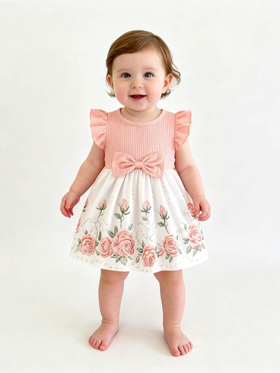 Vestido de verano para niñas pequeñas con estampado de retazos y mangas cortas, vestido casual con lazo para niñas pequeñas versátil para vacaciones - Rosa - Ver 1