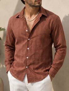 WAIT HIM Men's Striped Single-Breasted Casual Long Sleeve Shirt - Redwood - View 8