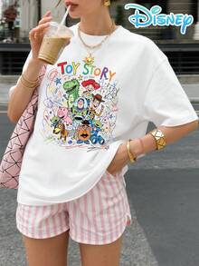 Disney-Themed T-Shirt, Hand-Drawn Graffiti Designs From "Toy Story", Durable Cotton Short-Sleeved T-Shirt For Men, Everyday Outfit, Stylish Sports Shirt, Suitable For Streetwear And Summer Wear - 白色 - 查看 2