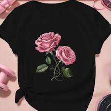 Camiseta de Manga Corta para Mujer con Dos Exquisitas Rosas Rosadas, Corte Holgado, Por Favor Consulte la Tabla de Tallas - negro - Ver 2