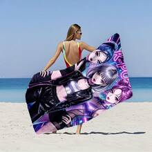 霓虹風格 K-POP 女團動漫印花超細纖維沙灘巾，吸水快乾無毛屑浴巾，海邊游泳度假毛巾 - A - 查看 7