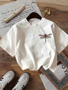 Minimalist, 100% Cotton, 1-Piece. Short-Sleeved T-Shirt With Floral And Dragonfly Print On Both Sides, Women's Casual Top For Spring And Summer. - 白色 - 查看 2