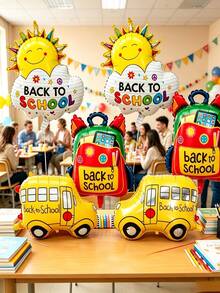 6pcs Back To School Party Foil Balloons, Including Large Backpack Balloon, Rainbow Sun, School Bus, For Decorating Kids' First Day Of School Party Balloon Set (School Bus Style Random) - View 1