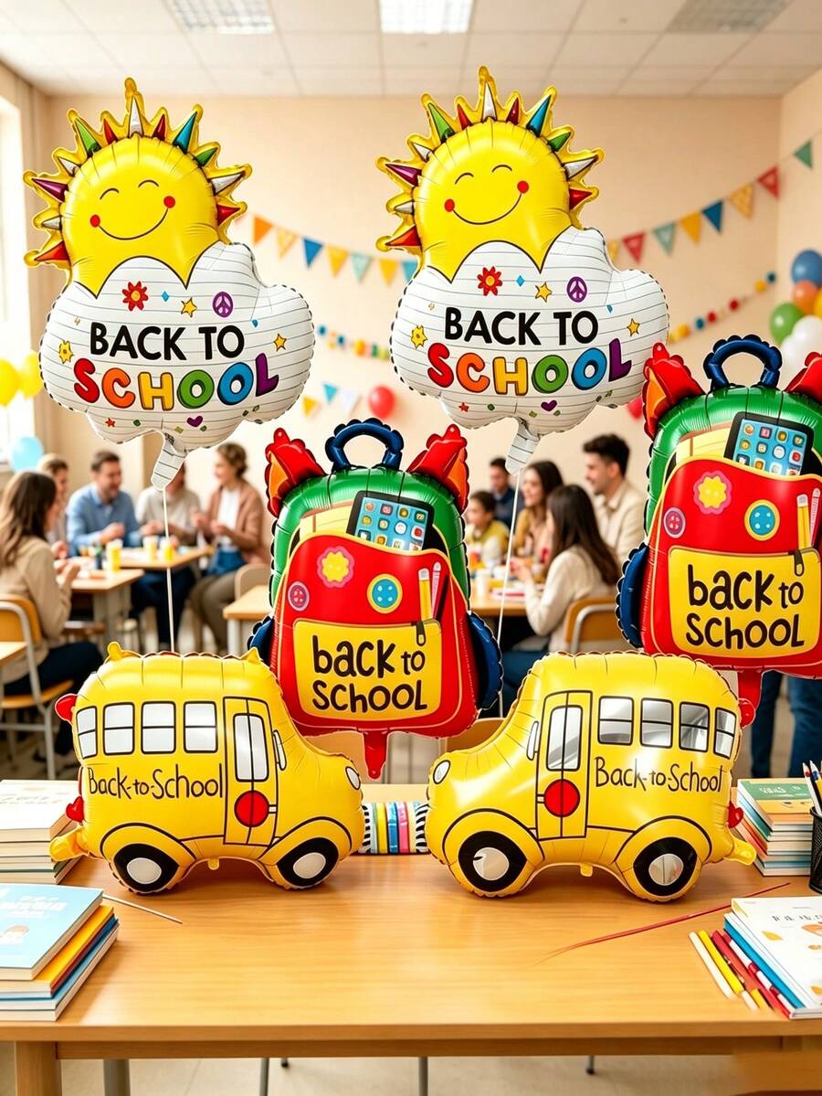 6pcs Back To School Party Foil Balloons, Including Large Backpack Balloon, Rainbow Sun, School Bus, For Decorating Kids' First Day Of School Party Balloon Set (School Bus Style Random) - View 1