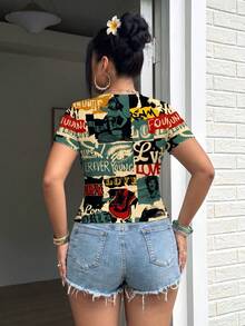 Women's Ribbed Print Square Neck Short Sleeve Knit Top, Spring Summer Plus Size Short Sleeve T-Shirt Casual - Multicolor - View 2
