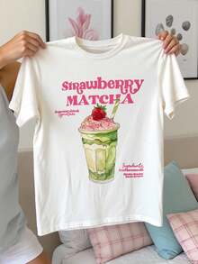 Camiseta de mujer de manga corta con cuello redondo, estampado de fresa, matcha y letras, de moda - Blanco - Ver 1