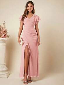 Dresses For WomenBelle Butterfly Sleeve Split Thigh Wrap Bridesmaid Dress Wedding Guest Dress Elegant Dressdresses - 藕粉色 - 查看 1