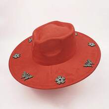 Elegant  Felt Hat With Sparkly Rhinestone Butterfly  Flower Details For Daily  Vacation Outfits - Red - View 6