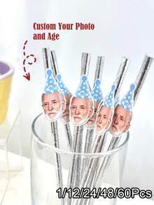 1/12/24/48/60pcs Customized Face Party Paper Straws - Exclusive Face Straws, Suitable For Bachelor Party - Customizable Age And Face Decoration, Suitable For Birthday Party - Decorative, Reusable, Ideal Gift For Him Or Her - Multicolor - View 2