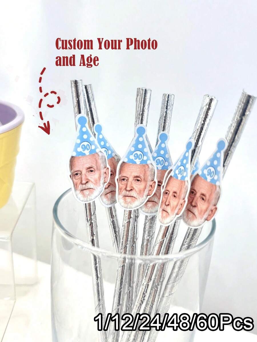 1/12/24/48/60pcs Customized Face Party Paper Straws - Exclusive Face Straws, Suitable For Bachelor Party - Customizable Age And Face Decoration, Suitable For Birthday Party - Decorative, Reusable, Ideal Gift For Him Or Her