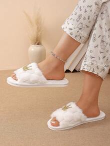 Pantuflas de casa estilo princesa con diseño de corona, abiertas de punta, de felpa, cálidas y cómodas, sandalias tipo slide de piel sintética para mujer - Dorado - Ver 7
