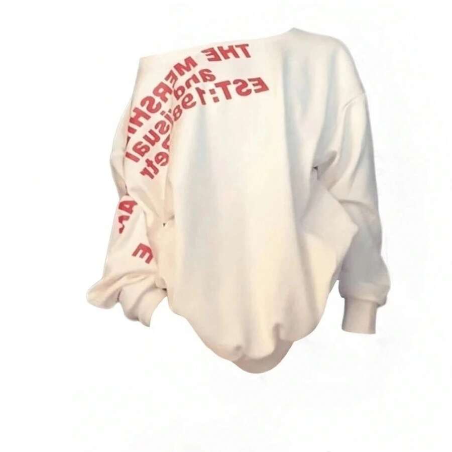 Camiseta Oversize Sexy Y2K para Mujer, Estilo Urbano, Estampada, Manga Larga, Hombros Descubiertos, Top de Otoño, Moda Coreana - Albaricoque - Ver 1