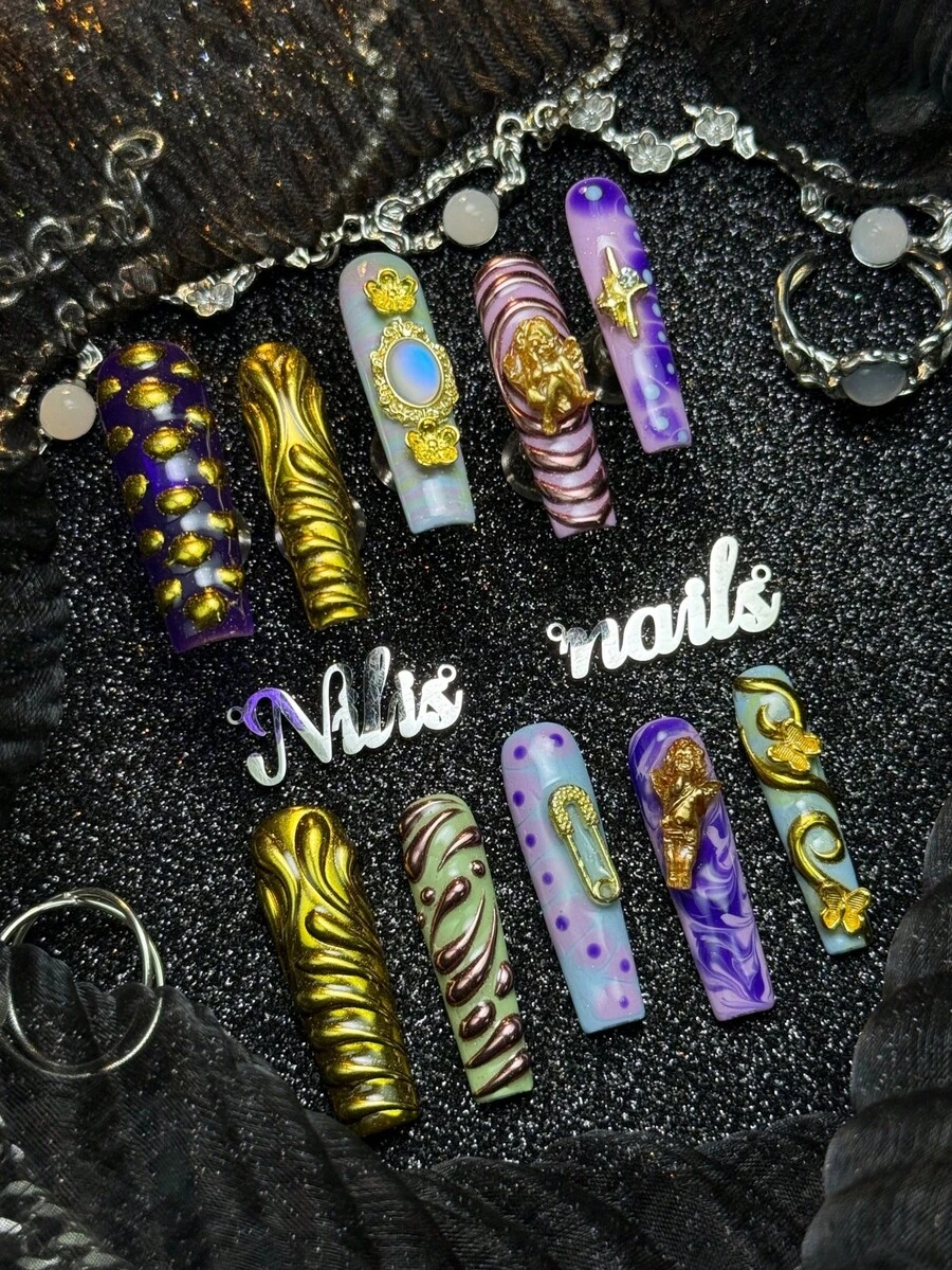 10片手工全覆蓋長方甲貼片式假指甲，紫色系，3D天使&花朵&寶石&安全針&金色漩渦裝飾，可拆卸重複使用，奢華巴洛克風派對日常款，附果凍膠與指甲銼條