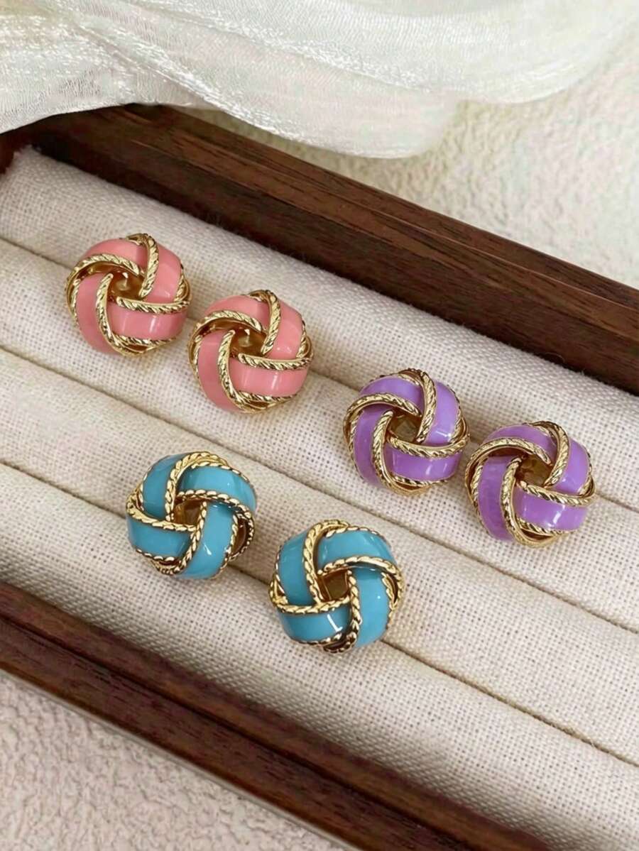 3 Pairs Niche Vintage Personalized Versatile Premium Exquisite Cute Sweet Unique Geometric Twist Set Earrings Studs Ear Jewelry Suitable For Women Daily Commute Date Banquet Vacation Wear - Multicolor - View 1