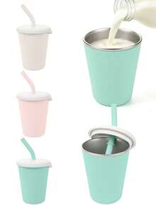 1pc Silicone Water Cup With 304 Stainless Steel Inner Liner (Includes Straw Lid) Baby Training Cup, Stage 1 Learning Feeding Cup - Stainless Steel Water Cup - View 1