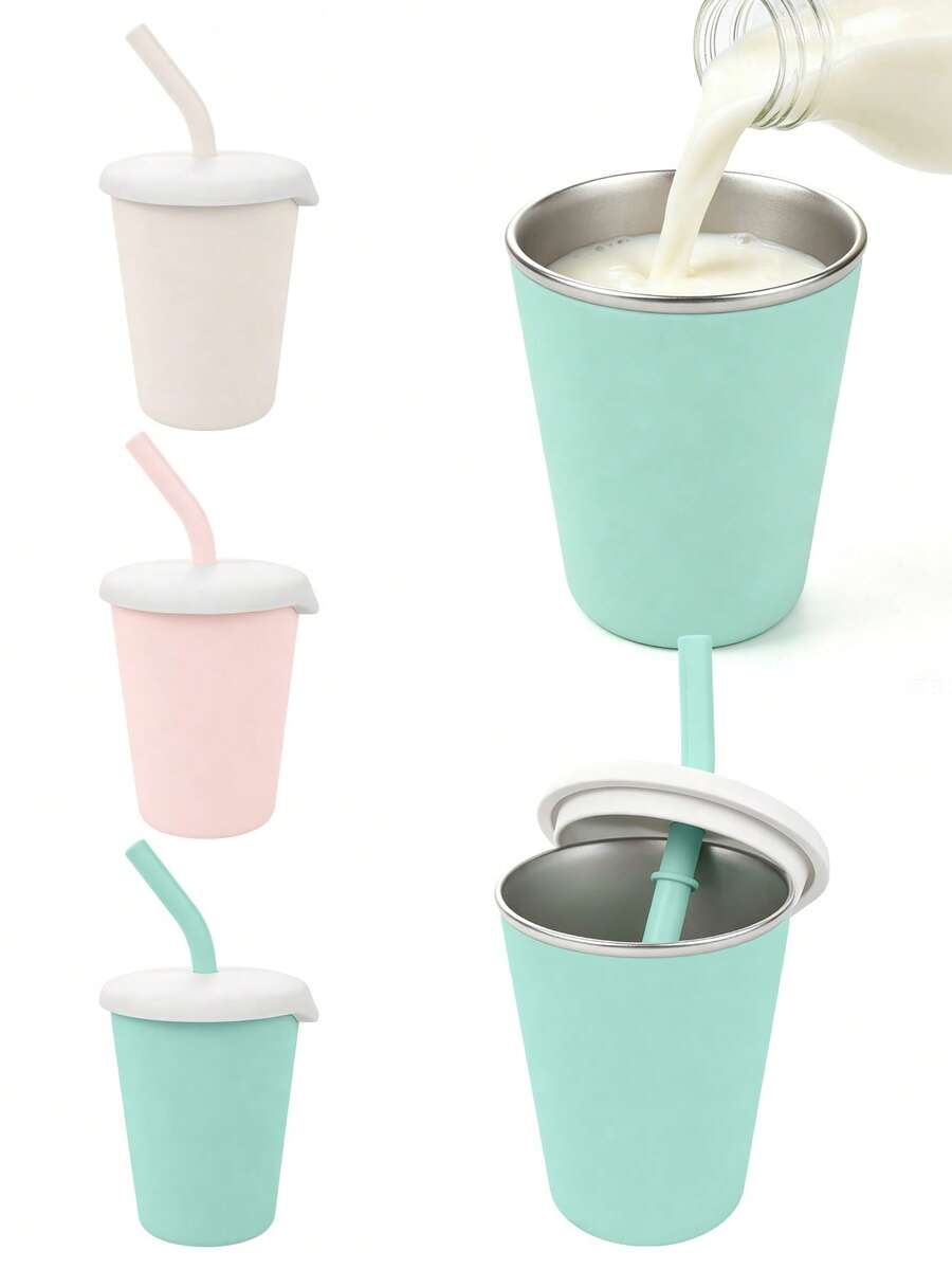 1pc Silicone Water Cup With 304 Stainless Steel Inner Liner (Includes Straw Lid) Baby Training Cup, Stage 1 Learning Feeding Cup - Stainless Steel Water Cup - View 1