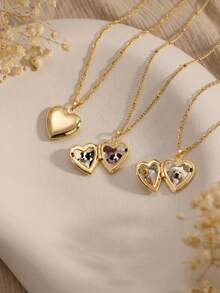 1 pièce Collier pendentif cœur doré personnalisé, chaîne en acier inoxydable multiple 45+5cm (style sélectionnable, chaîne à mélanger et assortir) pendentif en acier inoxydable plaqué or 18K léger de luxe non décoloré en acier de titane, cadre photo en forme de cœur ouvrable chaîne clavicule (pendentif photo à ouverture cachée), cadeau exclusif pour couple / animal de compagnie, bijou polyvalent haut de gamme de niche pour usage quotidien - Collier boîte photo dorée - Voir 6