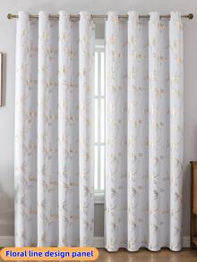 2 buah/Set Tirai Penghalang Cahaya, Serat Poliester Tenun Presisi Tinggi, Desain Cincin Atas, Tirai Motif Bunga Putih dan Emas, Cocok untuk Ruang Tamu, Kamar Tidur, Ruang Makan, Dekorasi Rumah - Emas Putih - View 3