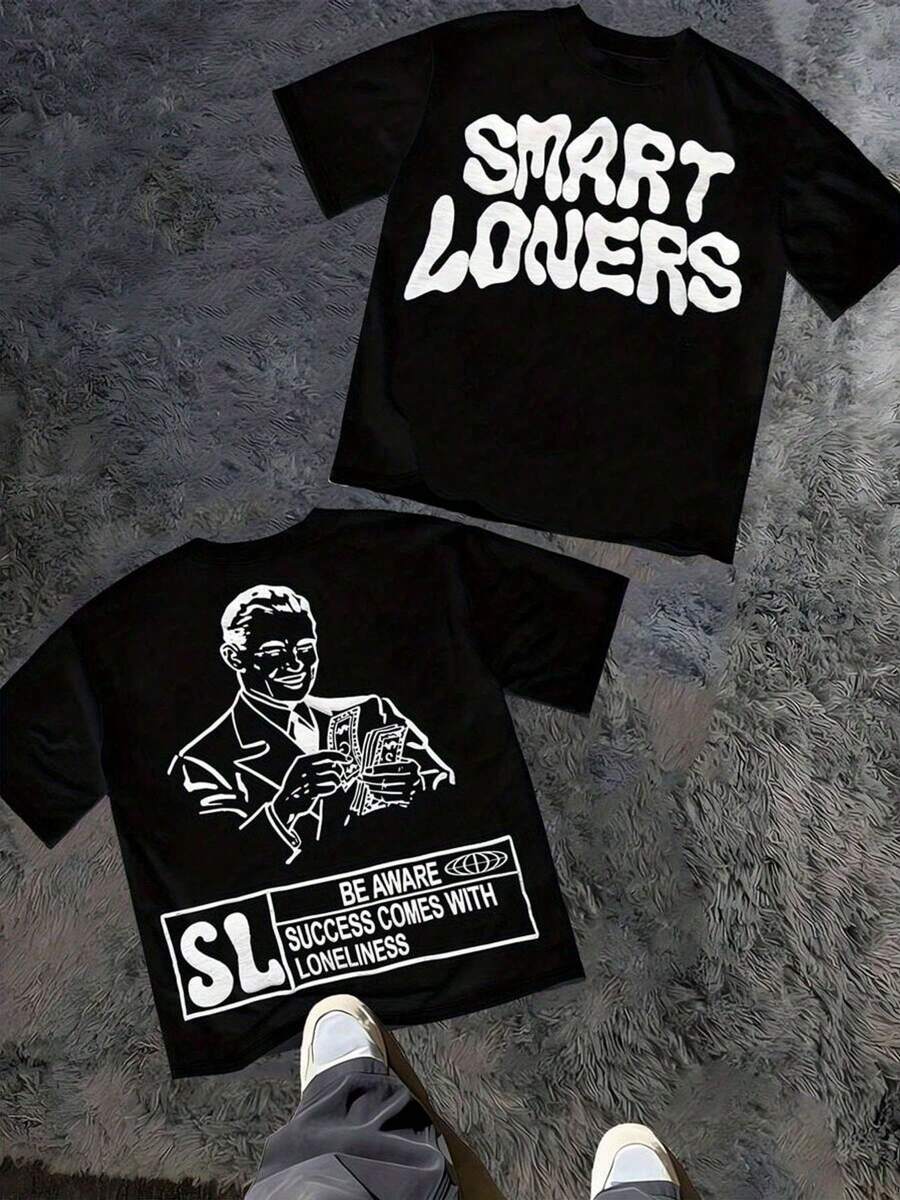 Camiseta LONERS | Camiseta casual de cuello redondo, con el grafiti LONERS en la espalda, con exquisitas ilustraciones de cartas de póker, ultra suave y transpirable, perfecta - Negro - Ver 1