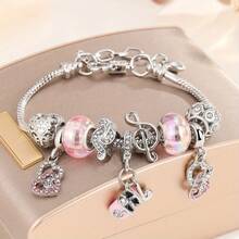 1pc Sweet Style Pink Tone Musical Note Beaded Bracelet With Hollow Heart Pendant Silver Snake Chain Adjustable Everyday Versatile Accessory - Musical Note Beaded Bracelet - View 7