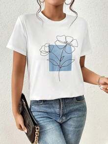 1 Piece Of Short-Sleeved T-Shirt With Floral Print And Round Neck - Unisex, Loose Fit - Comfortable Fit, Urban Vintage Style - 180g Cotton T-Shirt 100% Cotton. - 1 - 查看 1