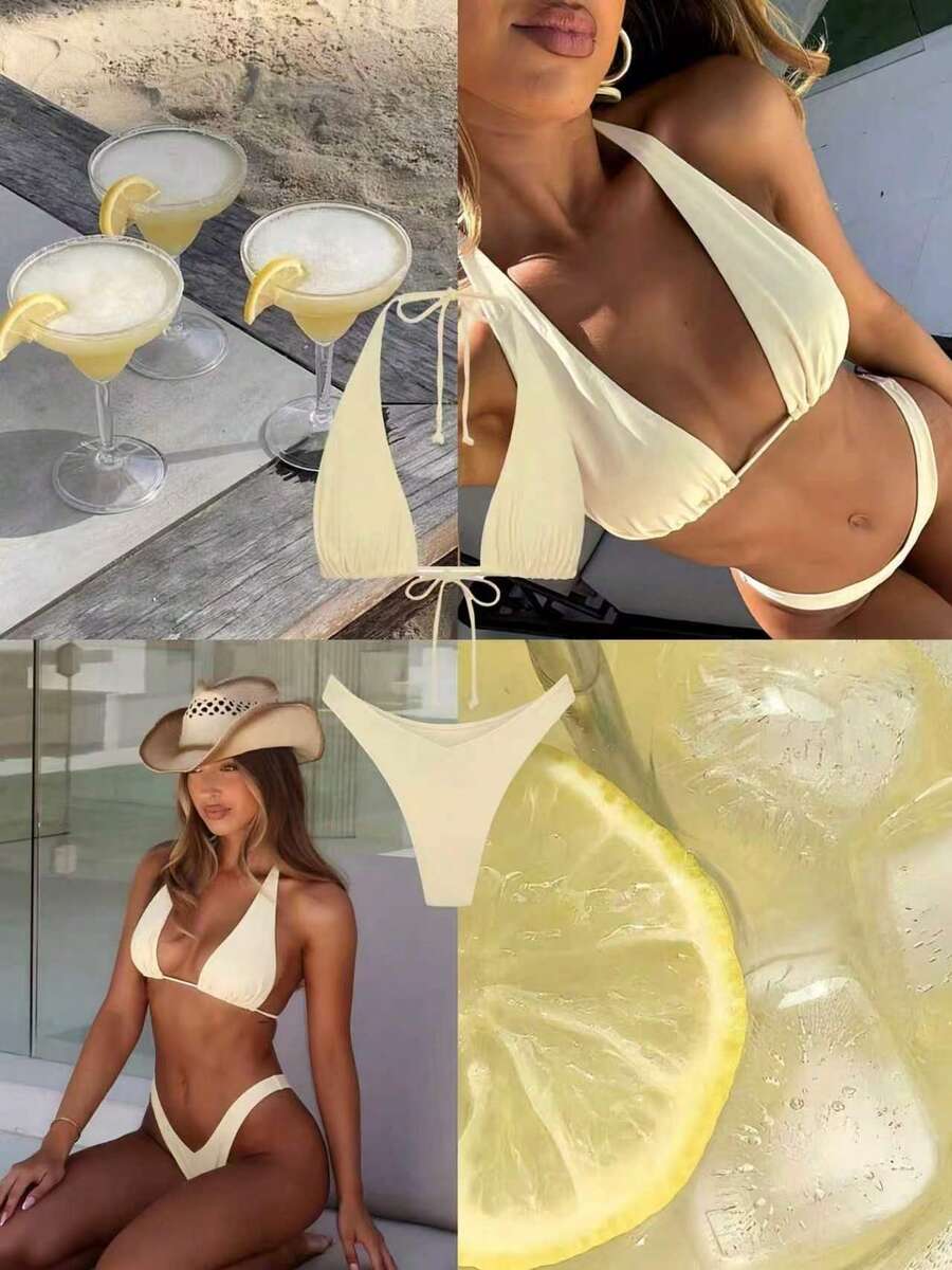 女款夏季度假泳裝系列,奶油黃掛脖三角比基尼套裝,V領高腰高衩兩件式性感泳衣 - 鵝黃色 - 查看 1
