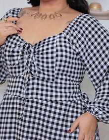 Women's Plus Size Loose-Fitting Checkered Jumpsuit Dress - Black and White - View 5