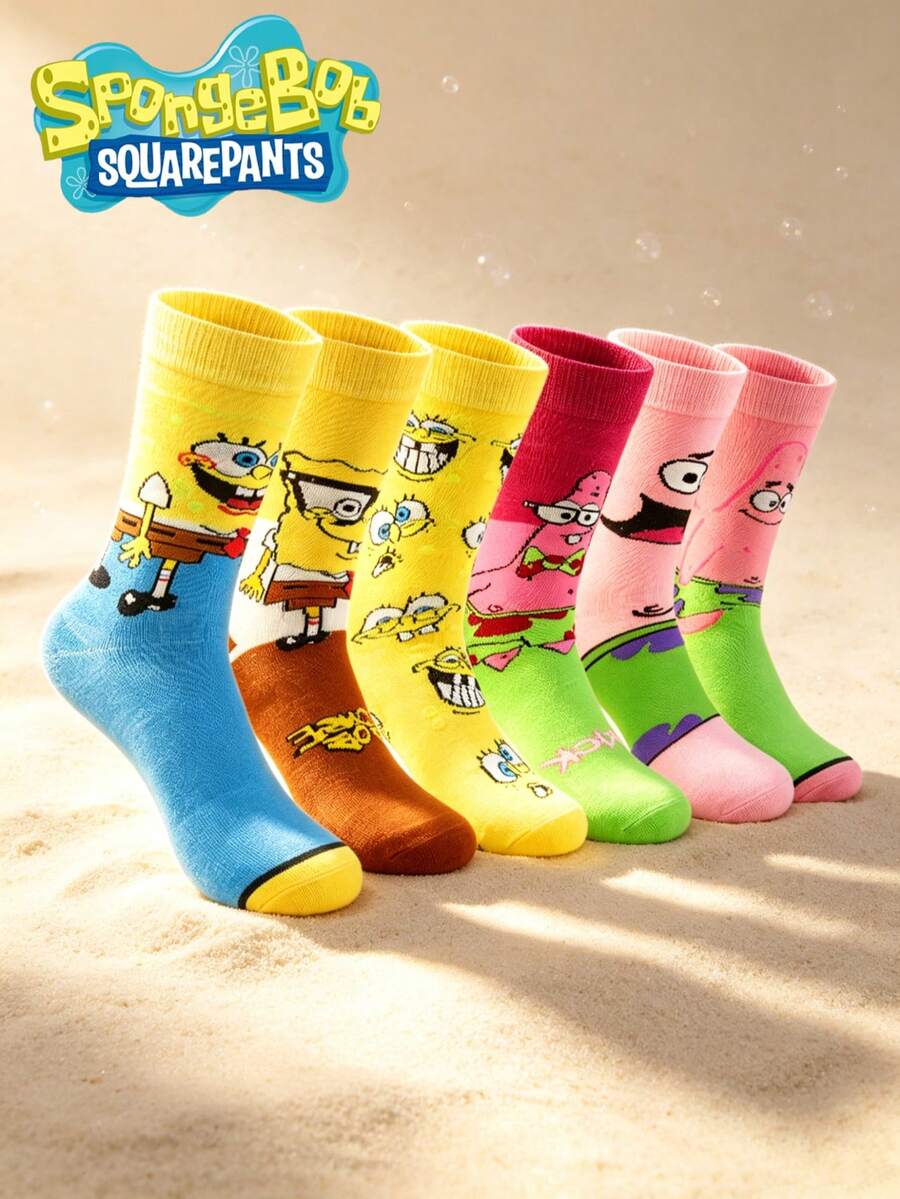 SpongeBob SquarePants 6/1雙女款與男款短襪,夏季透氣吸濕卡通印花趣味船襪,低筒襪,適合學生日常穿著、旅行、上學,聖誕節、生日、新年禮物,送給媽媽和朋友(白色、黑色) - 彩色 - 查看 1