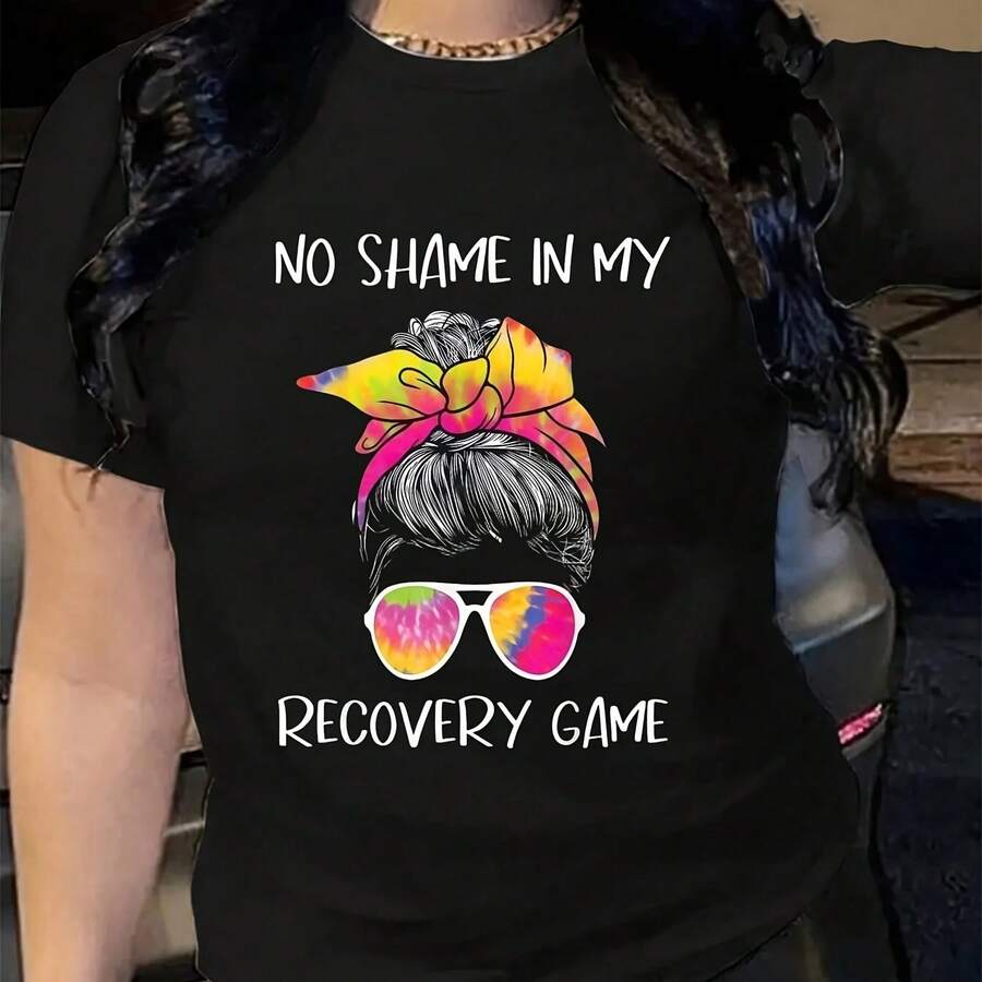 Cotton No Shame In My Rvery Game - Sobriety AA NA Annrsary T-Shirt 's Wo's Soft Breathable Tee Classic Fashion Summer Tops Printing Short Sve T-Shirt - Negro - Ver 1