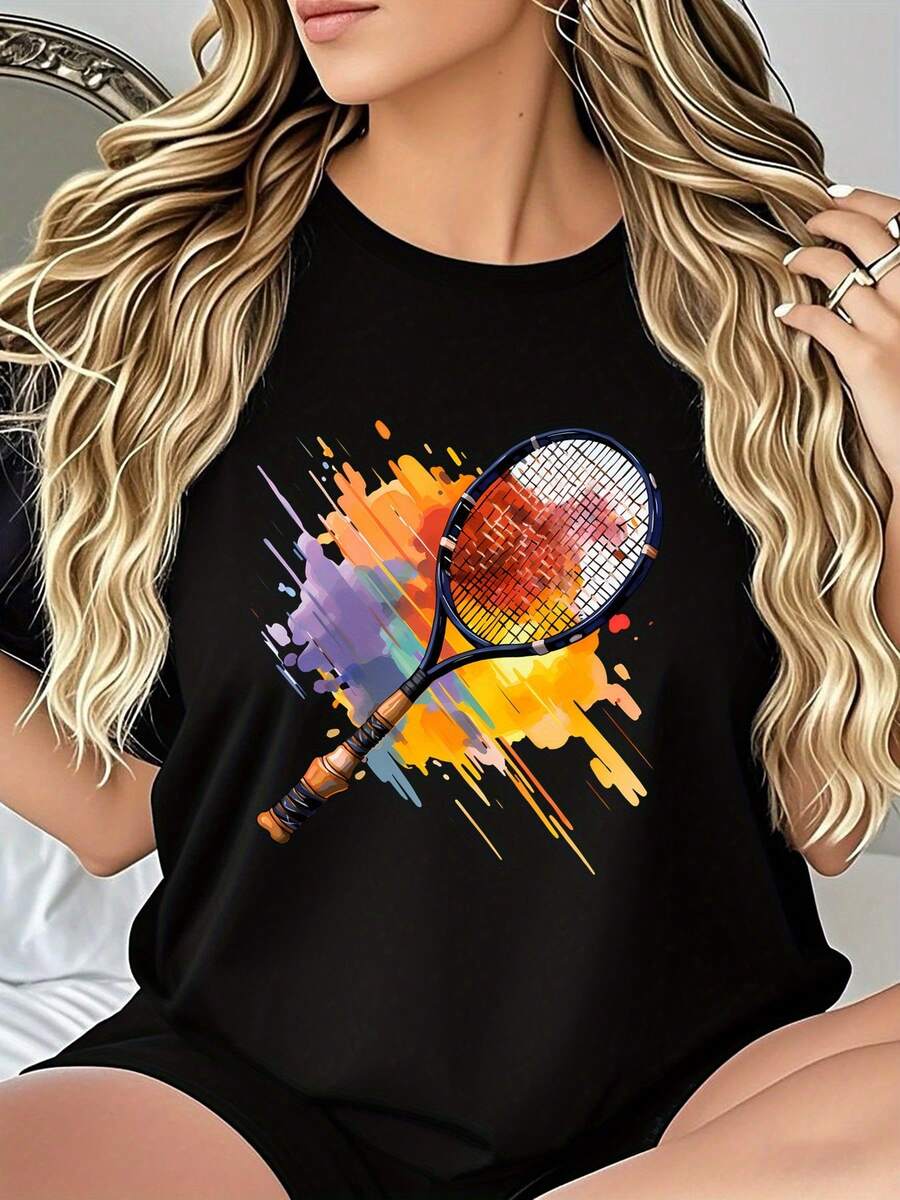 Camiseta Deportiva para Mujer con Estampado de Raqueta de Tenis - Top Transpirable de Cuello Redondo con Diseño Deportivo, Ligero para Uso Casual y Deportivo - Ideal para Práctica de Tenis.