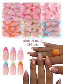 180 unidades (6 estilos sortidos) de unhas postiças em formato amêndoa, adesivos para manicure francesa em cores macaron, conjunto de unhas postiças acrílicas, inclui 1 gel e 1 lixa de unha. - Multicolorido - Ver 10