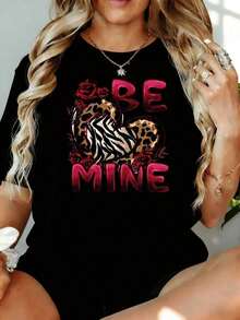 Women's "Be Mine Valentine" Heart And Leopard Print T-Shirt, 180g Casual Top For Home, Outdoors, Valentine's Day Gift - 黑色 - 查看 1